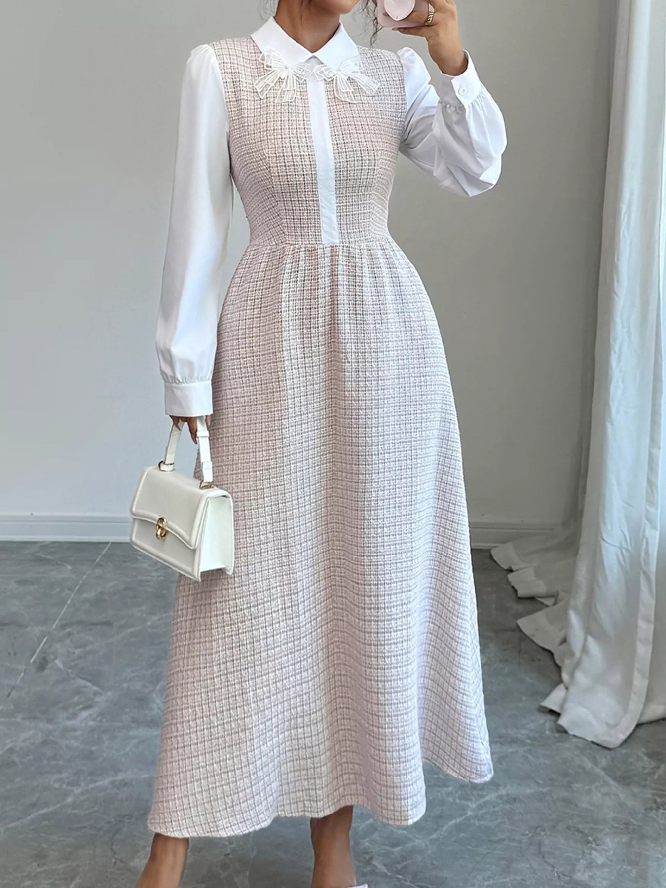 Tweed Long Sleeve A - Line Midi Dress - MAD RUFFI