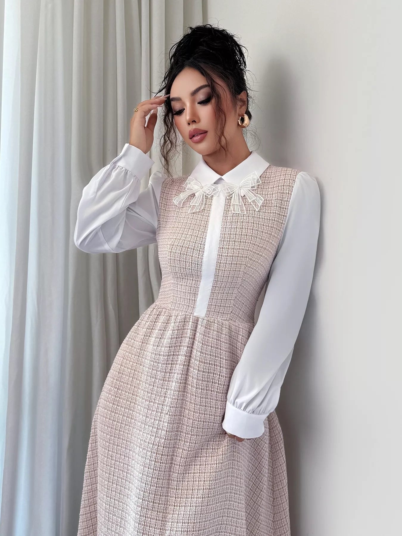 Tweed Long Sleeve A - Line Midi Dress - MAD RUFFI