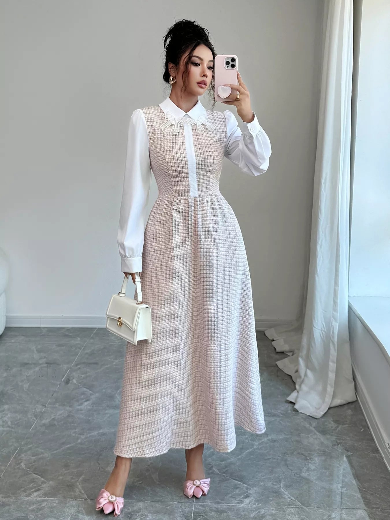 Tweed Long Sleeve A - Line Midi Dress - MAD RUFFI