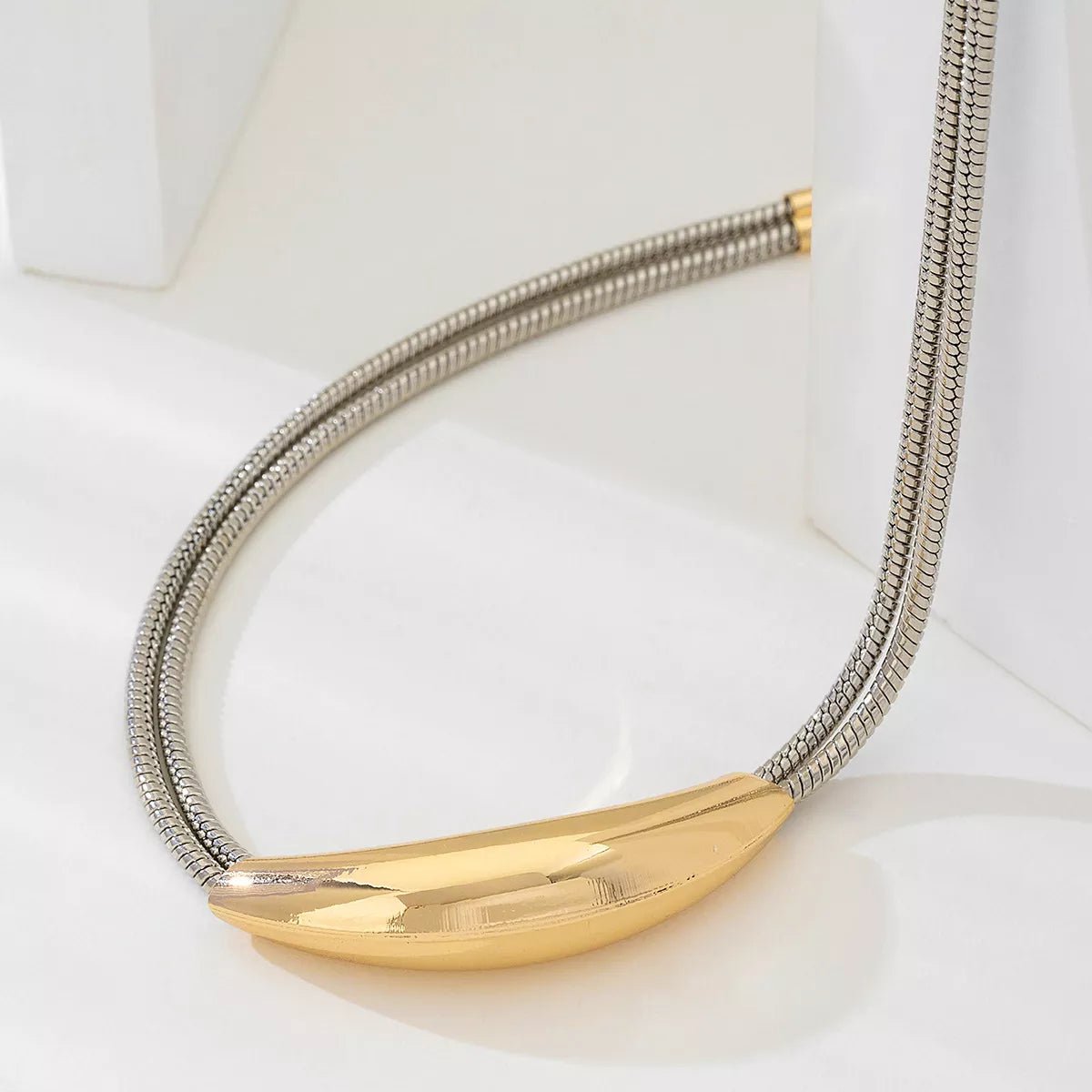 Two - Tone Alloy Curved Pendant Snake Chain Necklace - MAD RUFFI