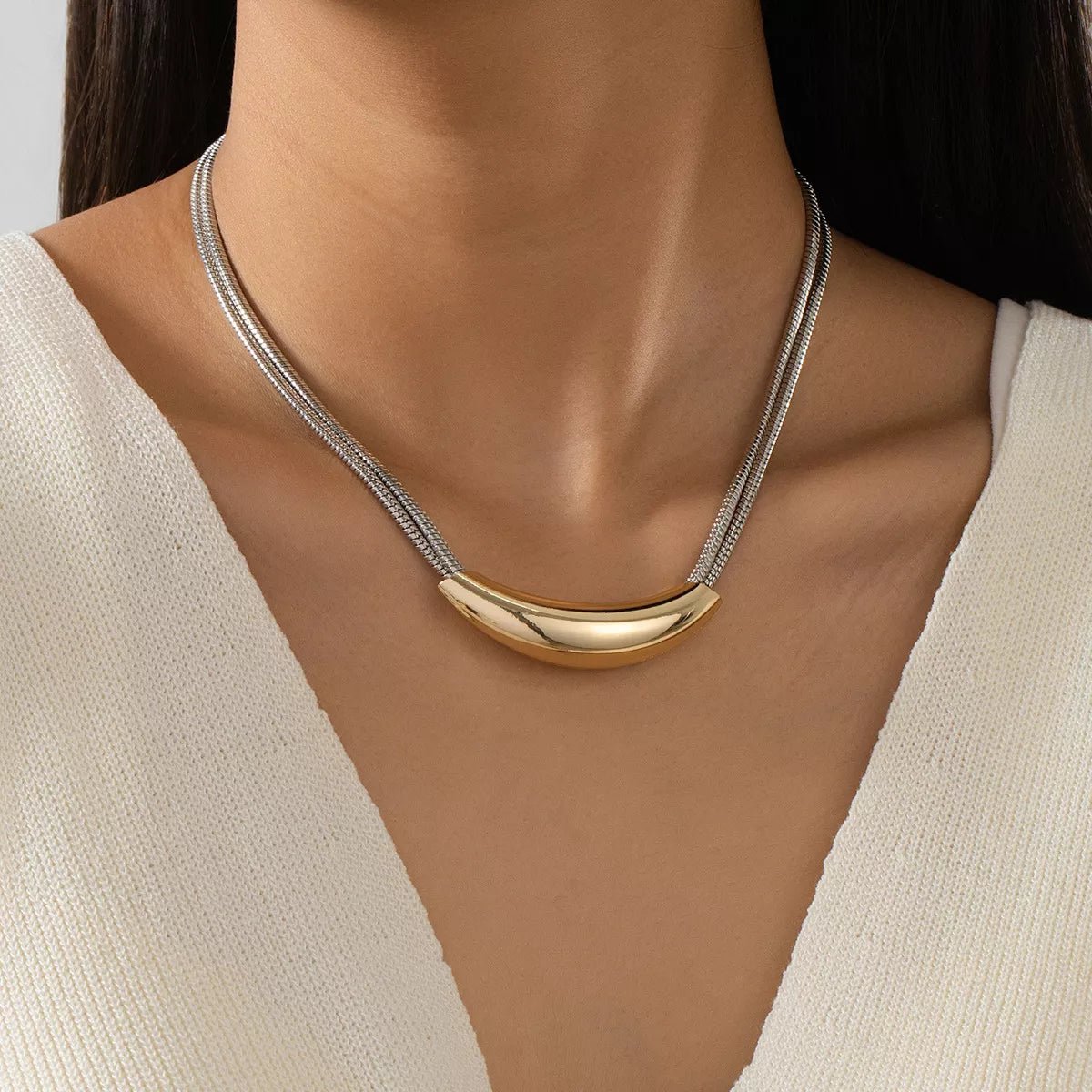 Two - Tone Alloy Curved Pendant Snake Chain Necklace - MAD RUFFI