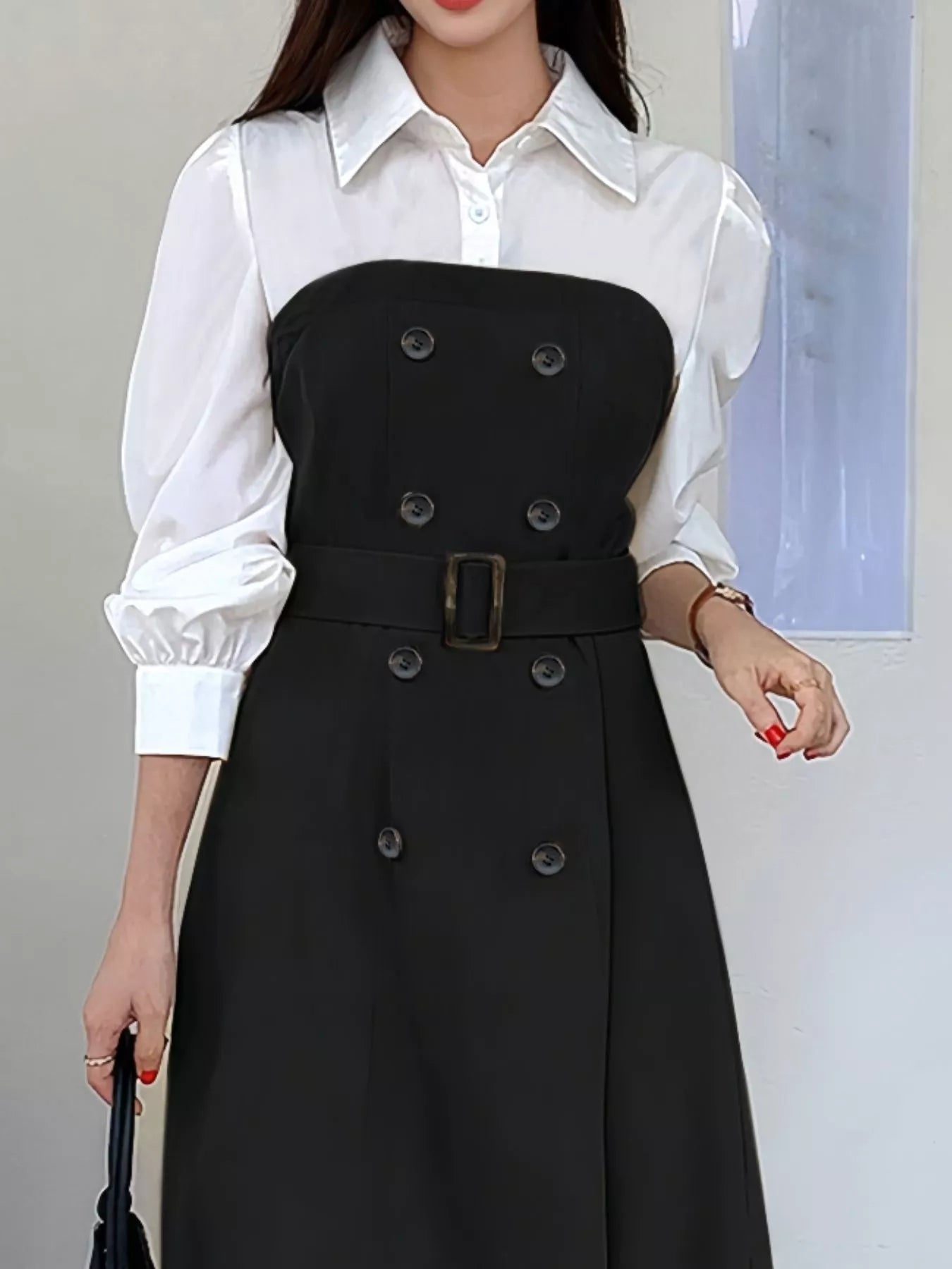 Two Tone Long Sleeve Collared Neck Dress - MAD RUFFI