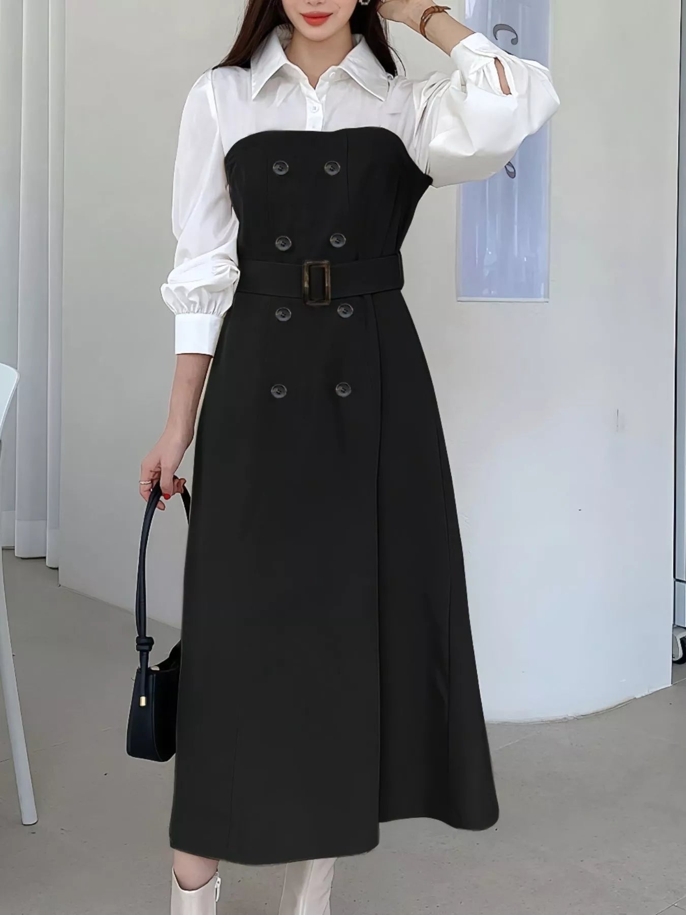 Two Tone Long Sleeve Collared Neck Dress - MAD RUFFI