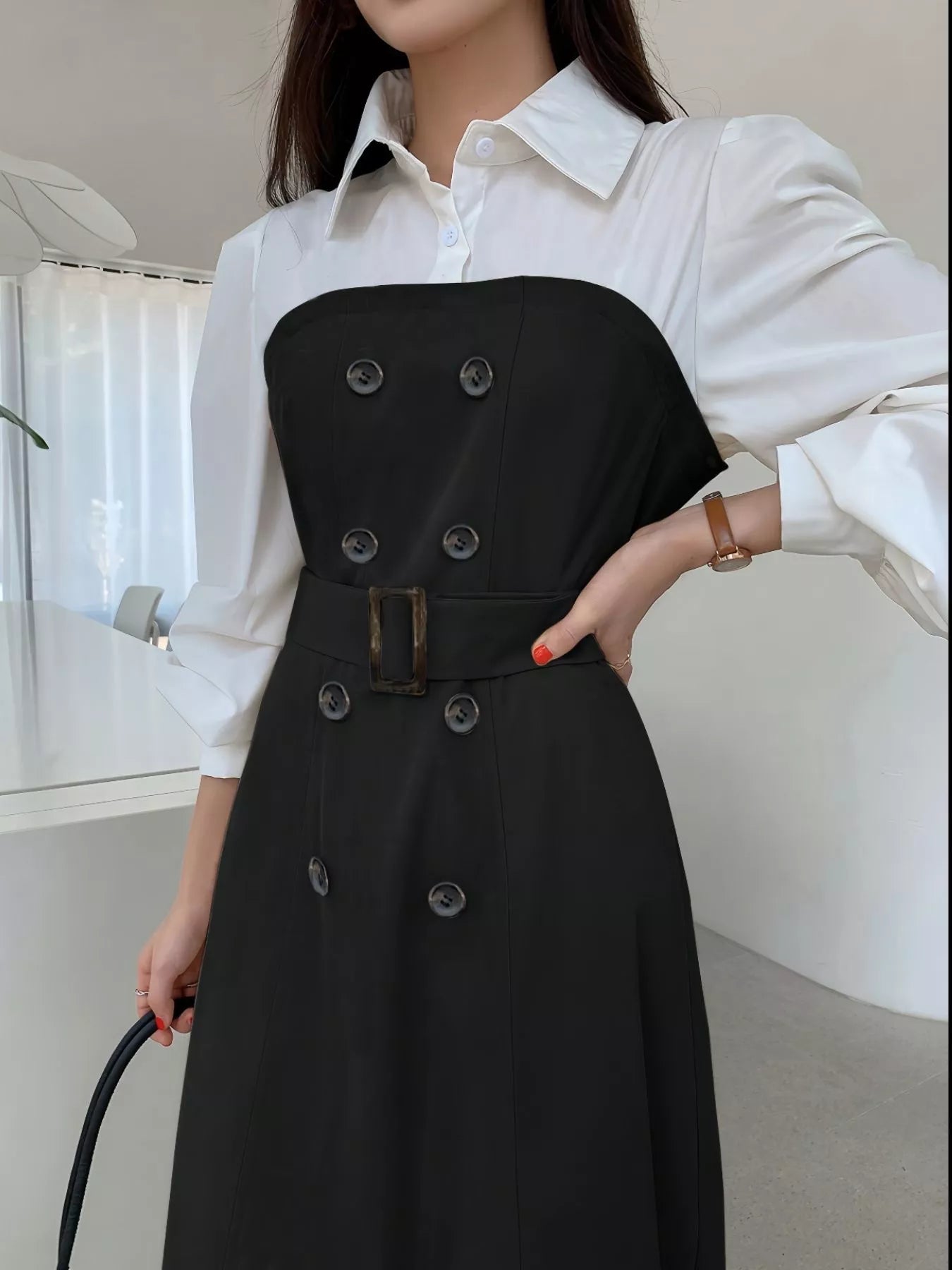 Two Tone Long Sleeve Collared Neck Dress - MAD RUFFI