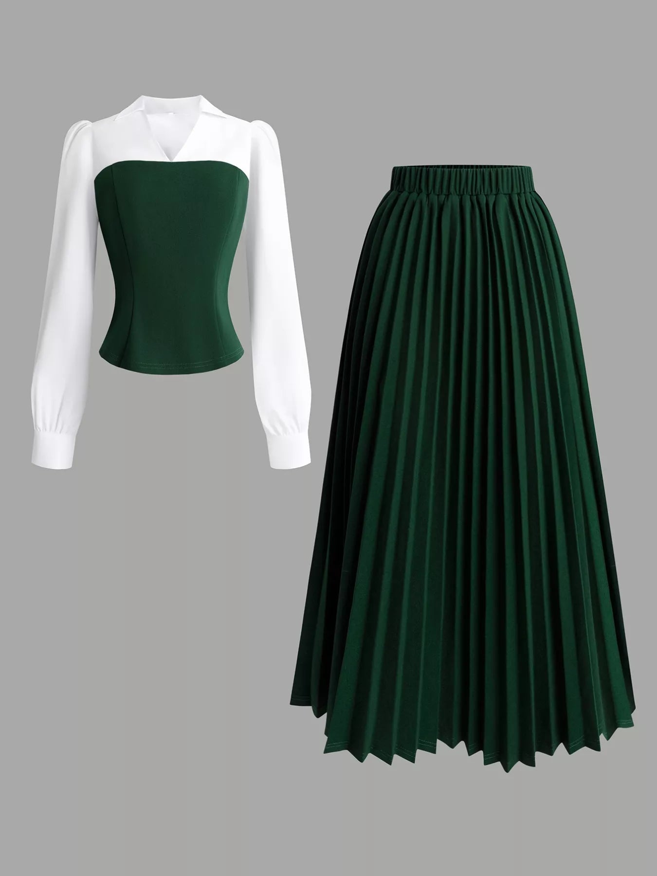 Two Tone Long Sleeve Top and Pleated Skirt Set - MAD RUFFI