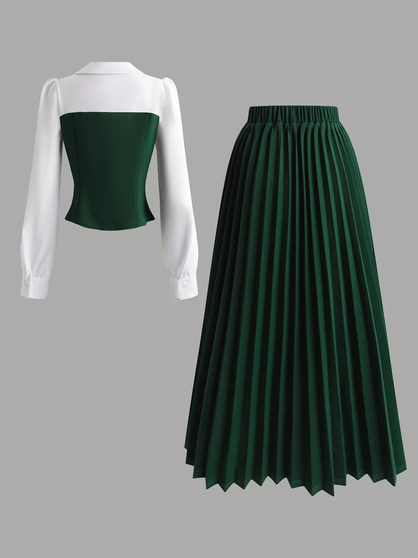 Two Tone Long Sleeve Top and Pleated Skirt Set - MAD RUFFI