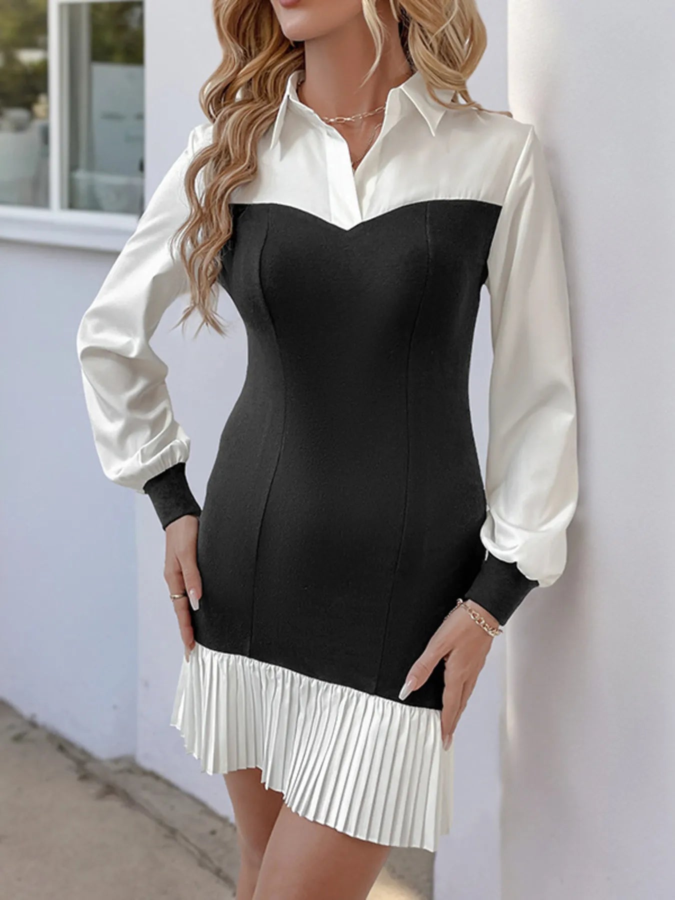 Two Tone Pleated Long Sleeve Shirt Dress - MAD RUFFI