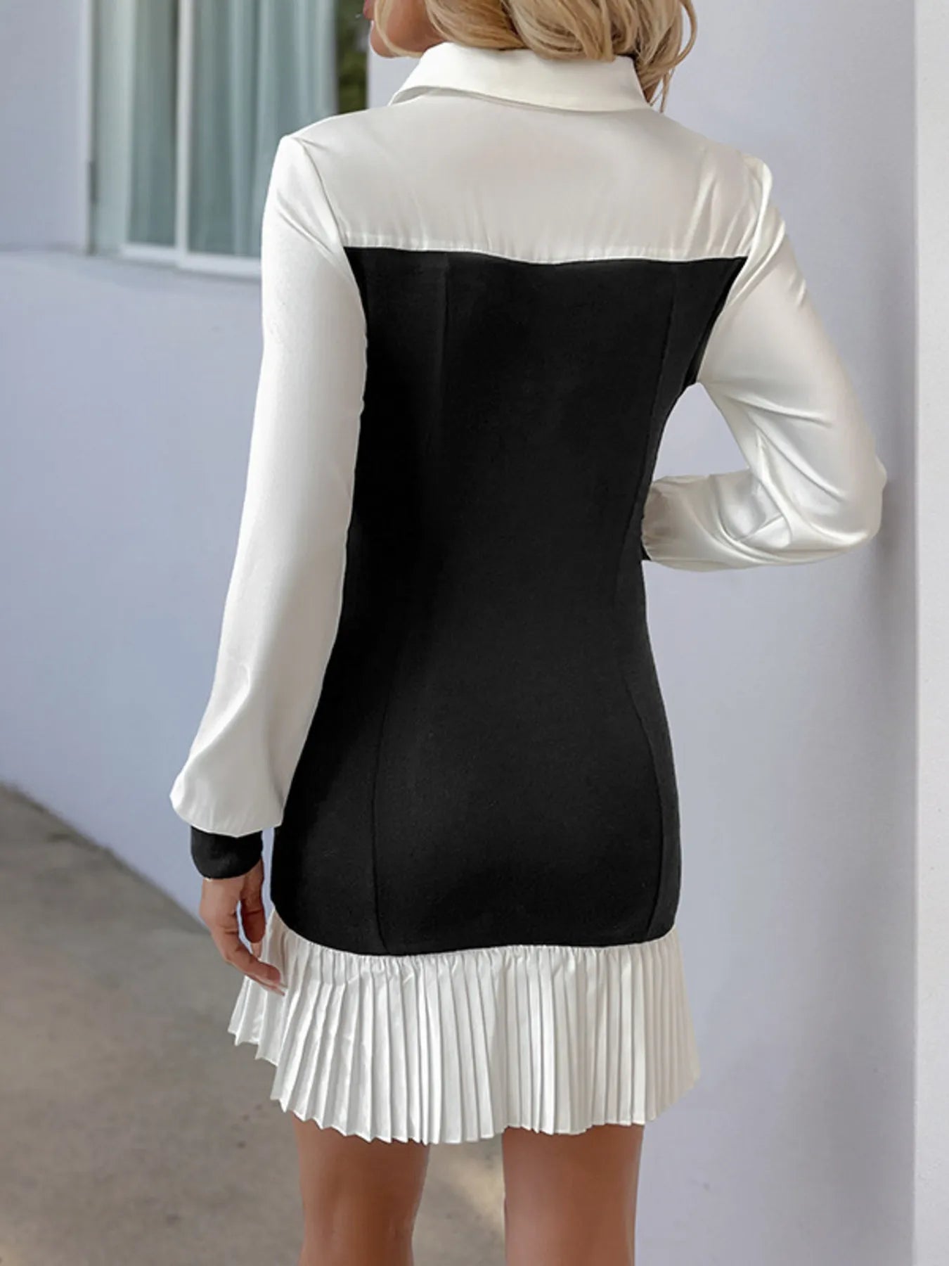 Two Tone Pleated Long Sleeve Shirt Dress - MAD RUFFI