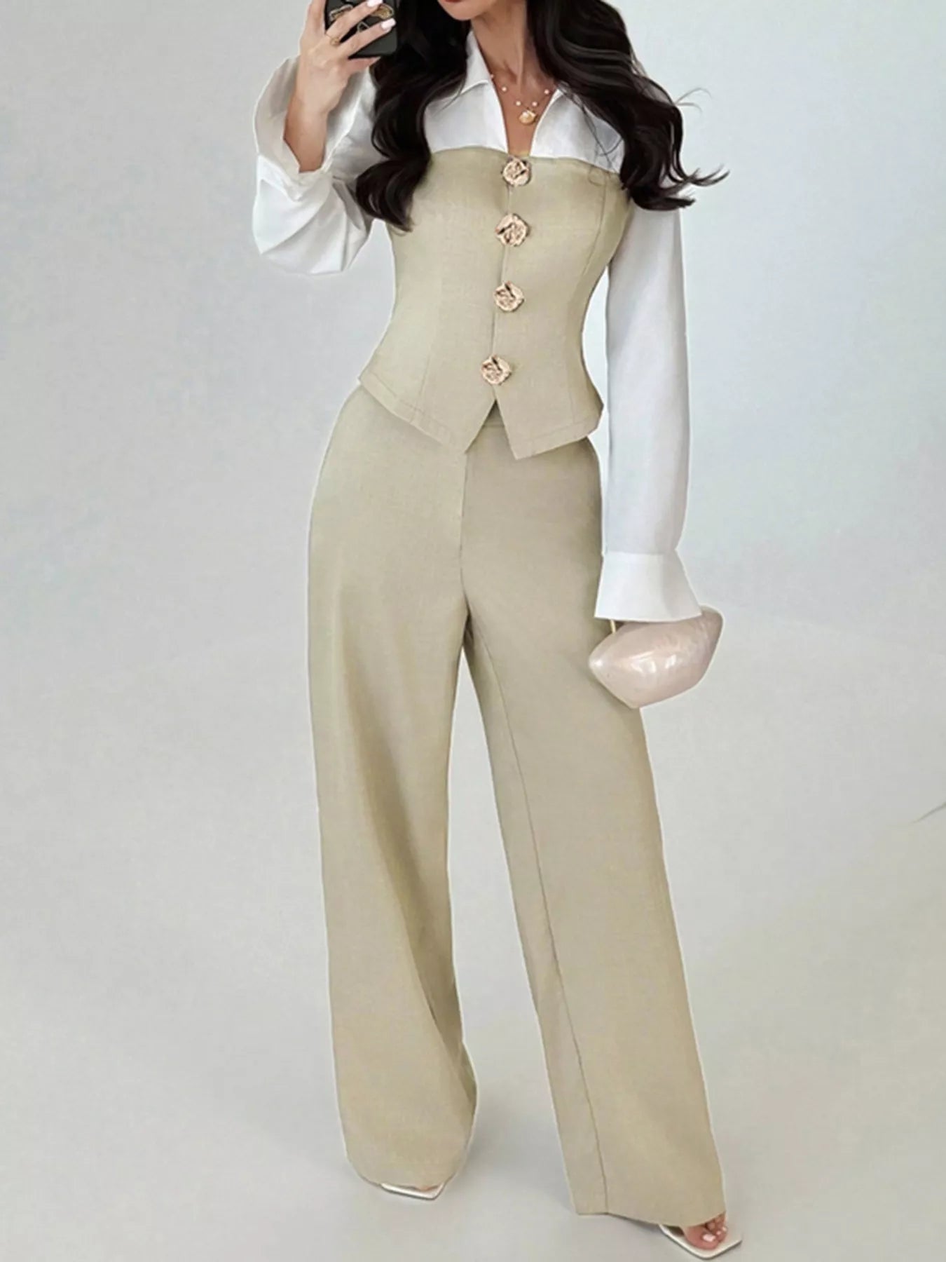 Two Tone Shirt and Wide Leg Pants Set - MAD RUFFI