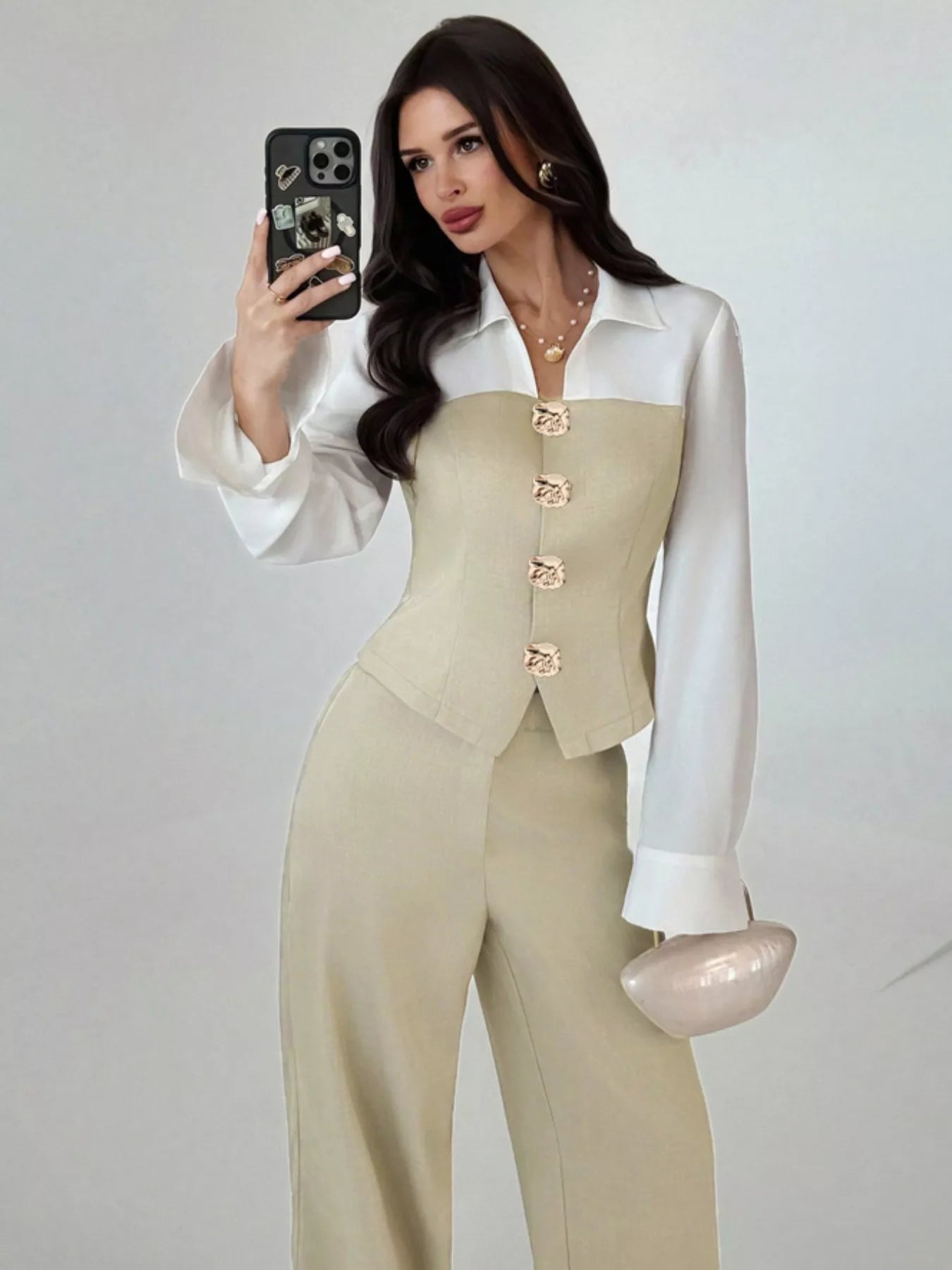 Two Tone Shirt and Wide Leg Pants Set - MAD RUFFI