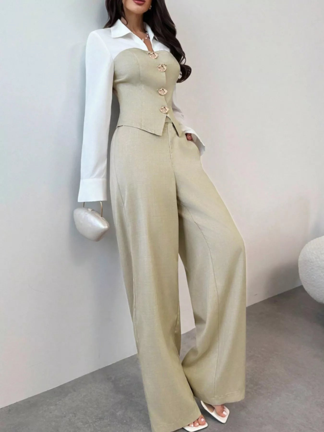 Two Tone Shirt and Wide Leg Pants Set - MAD RUFFI