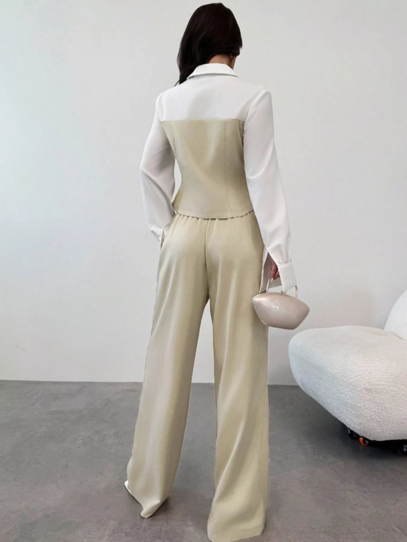 Two Tone Shirt and Wide Leg Pants Set - MAD RUFFI