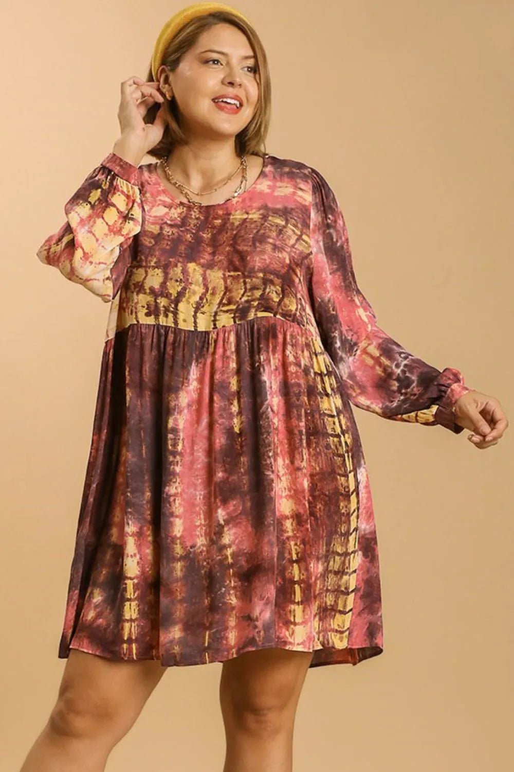 Umgee Full Size Tie Dye Long Sleeve Babydoll Dress with Keyhole Plus Size - MAD RUFFI