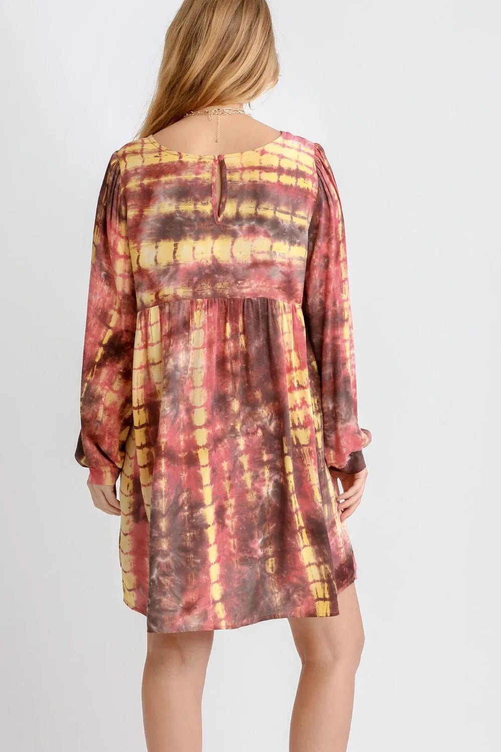 Umgee Full Size Tie Dye Long Sleeve Babydoll Dress with Keyhole Plus Size - MAD RUFFI