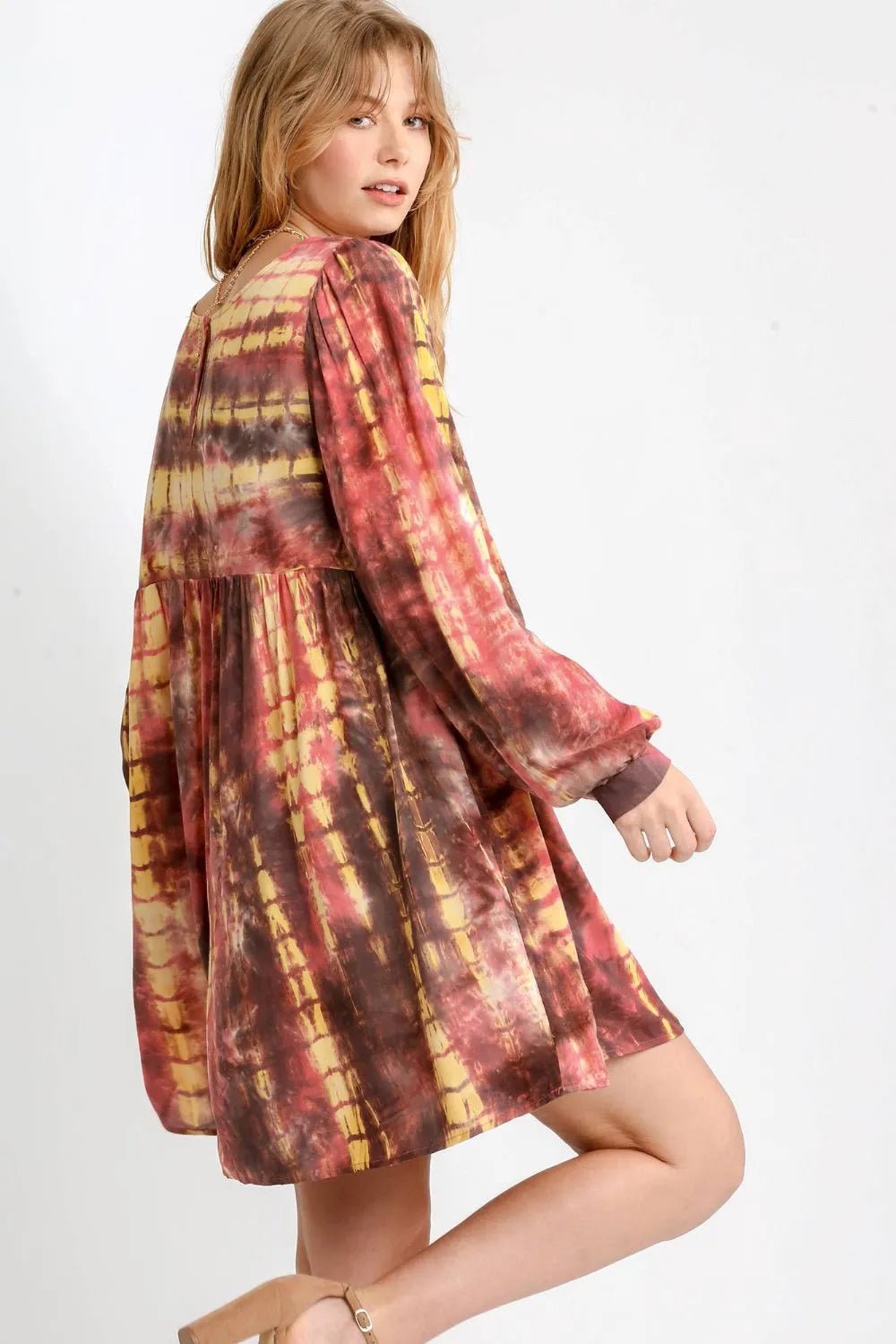 Umgee Full Size Tie Dye Long Sleeve Babydoll Dress with Keyhole Plus Size - MAD RUFFI