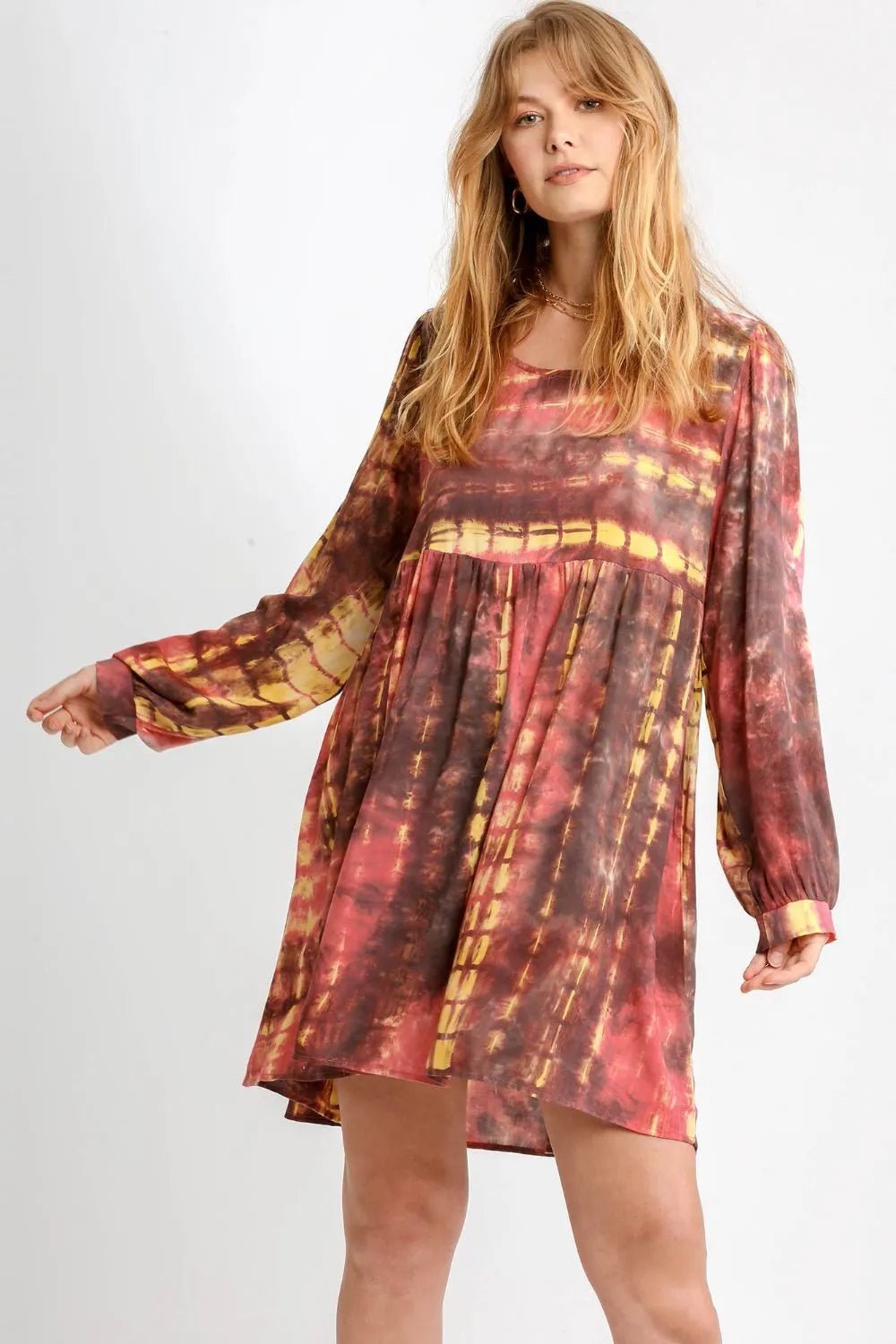 Umgee Full Size Tie Dye Long Sleeve Babydoll Dress with Keyhole Plus Size - MAD RUFFI