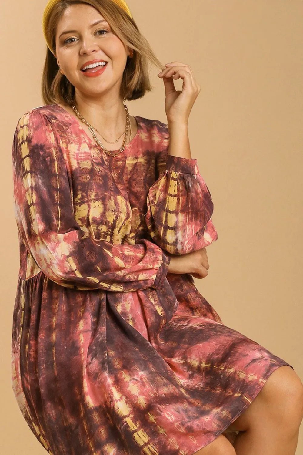 Umgee Full Size Tie Dye Long Sleeve Babydoll Dress with Keyhole Plus Size - MAD RUFFI