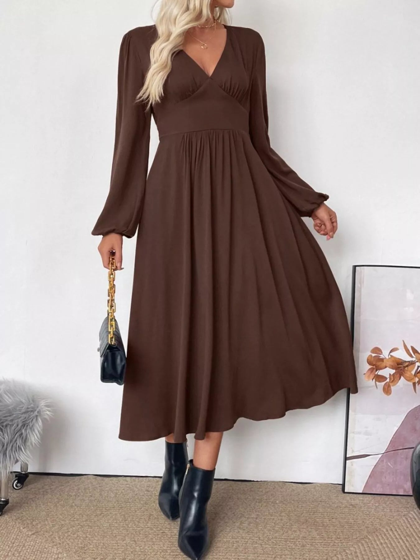 V - Neck Balloon Sleeve Midi Dress - MAD RUFFI