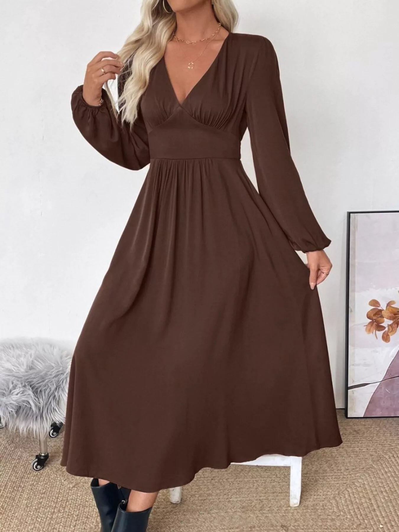 V - Neck Balloon Sleeve Midi Dress - MAD RUFFI