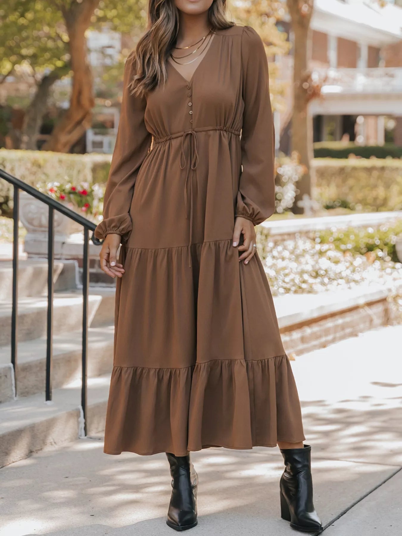 V - Neck Balloon Sleeve Tiered Dress - MAD RUFFI