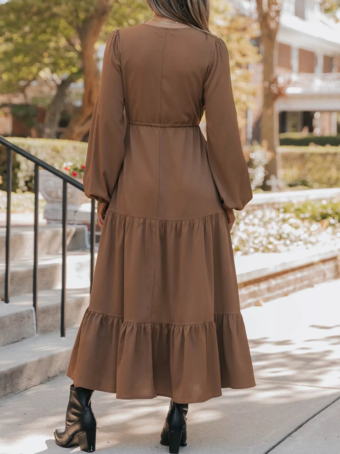 V - Neck Balloon Sleeve Tiered Dress - MAD RUFFI