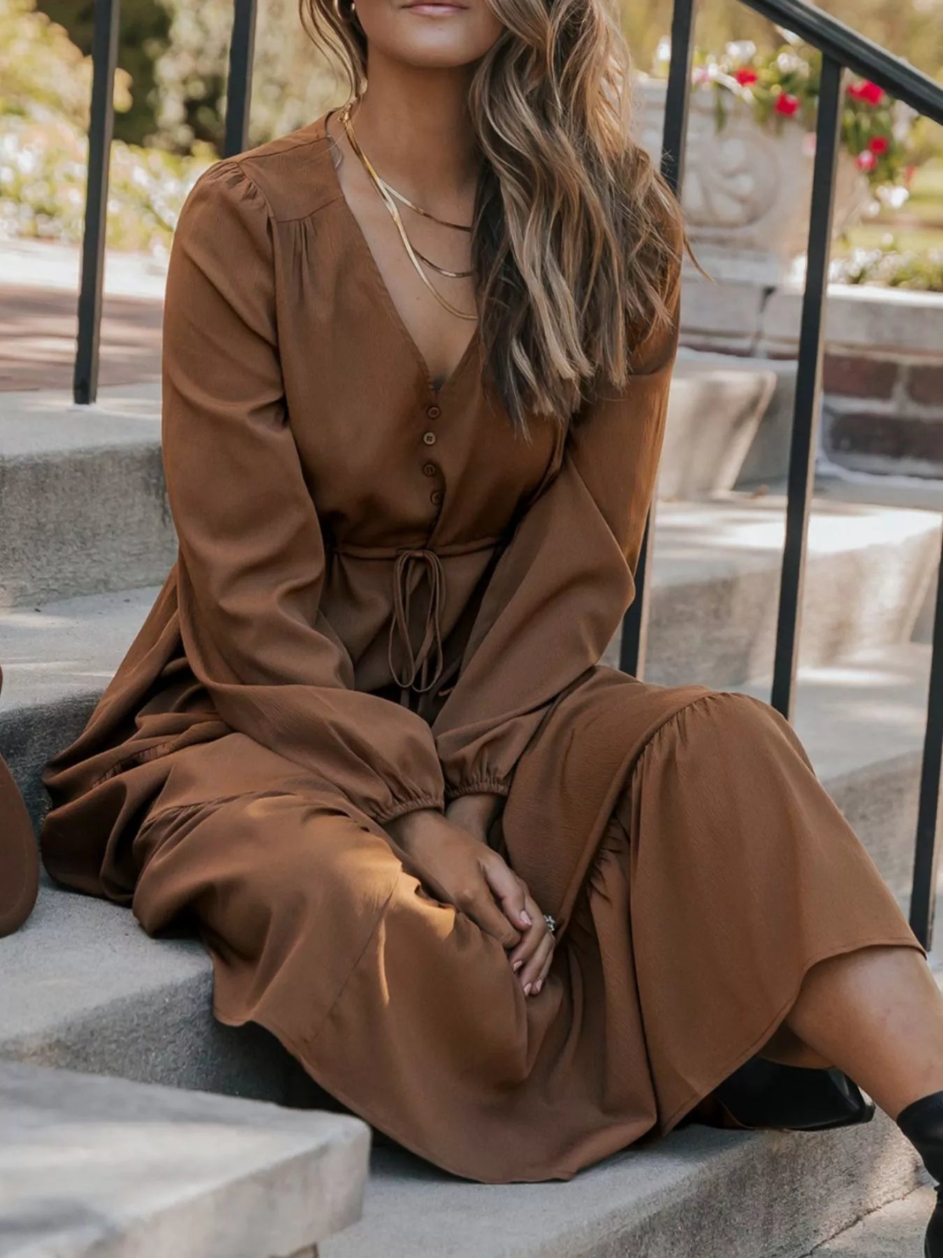 V - Neck Balloon Sleeve Tiered Dress - MAD RUFFI