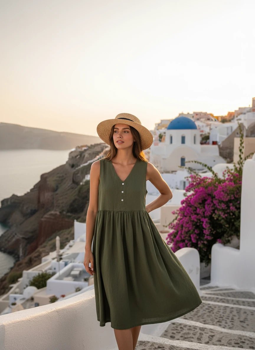 V - Neck Button Detail Sleeveless Midi Dress - MAD RUFFI