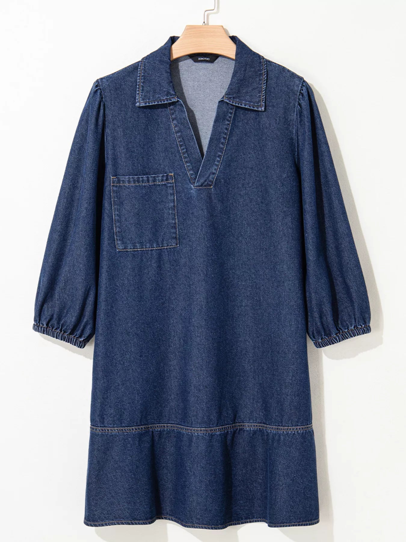 V Neck Collared Single Chest Pocket Long Sleeve Denim Dress - MAD RUFFI