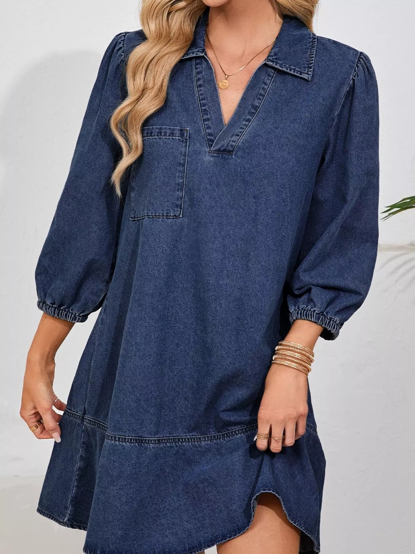 V Neck Collared Single Chest Pocket Long Sleeve Denim Dress - MAD RUFFI