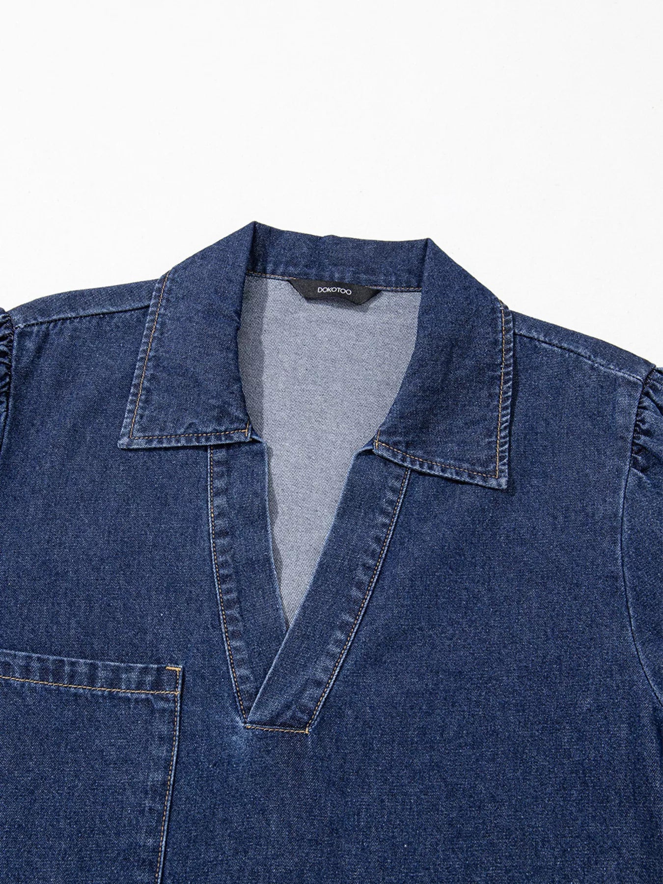 V Neck Collared Single Chest Pocket Long Sleeve Denim Dress - MAD RUFFI