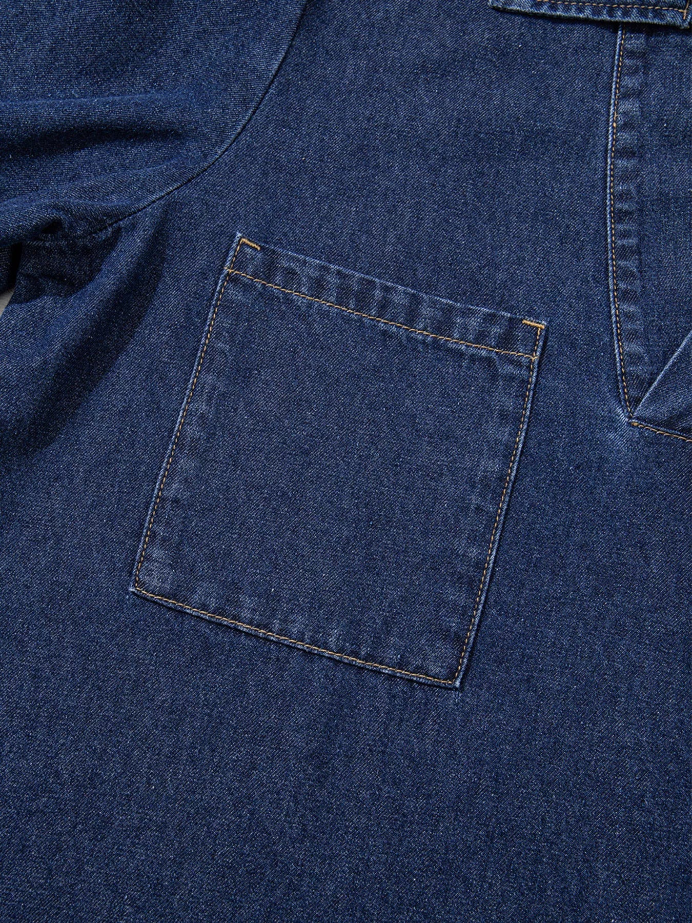 V Neck Collared Single Chest Pocket Long Sleeve Denim Dress - MAD RUFFI