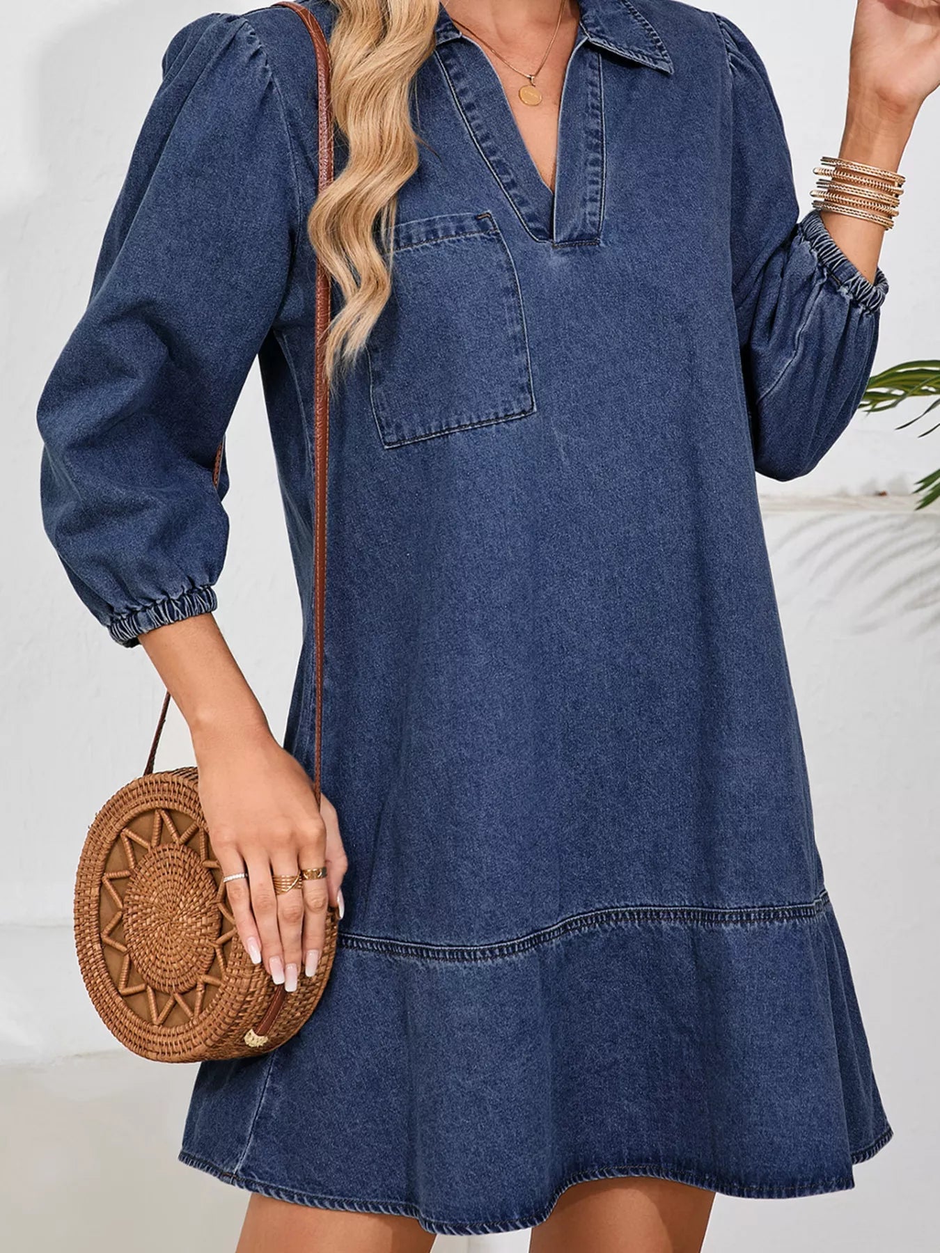 V Neck Collared Single Chest Pocket Long Sleeve Denim Dress - MAD RUFFI