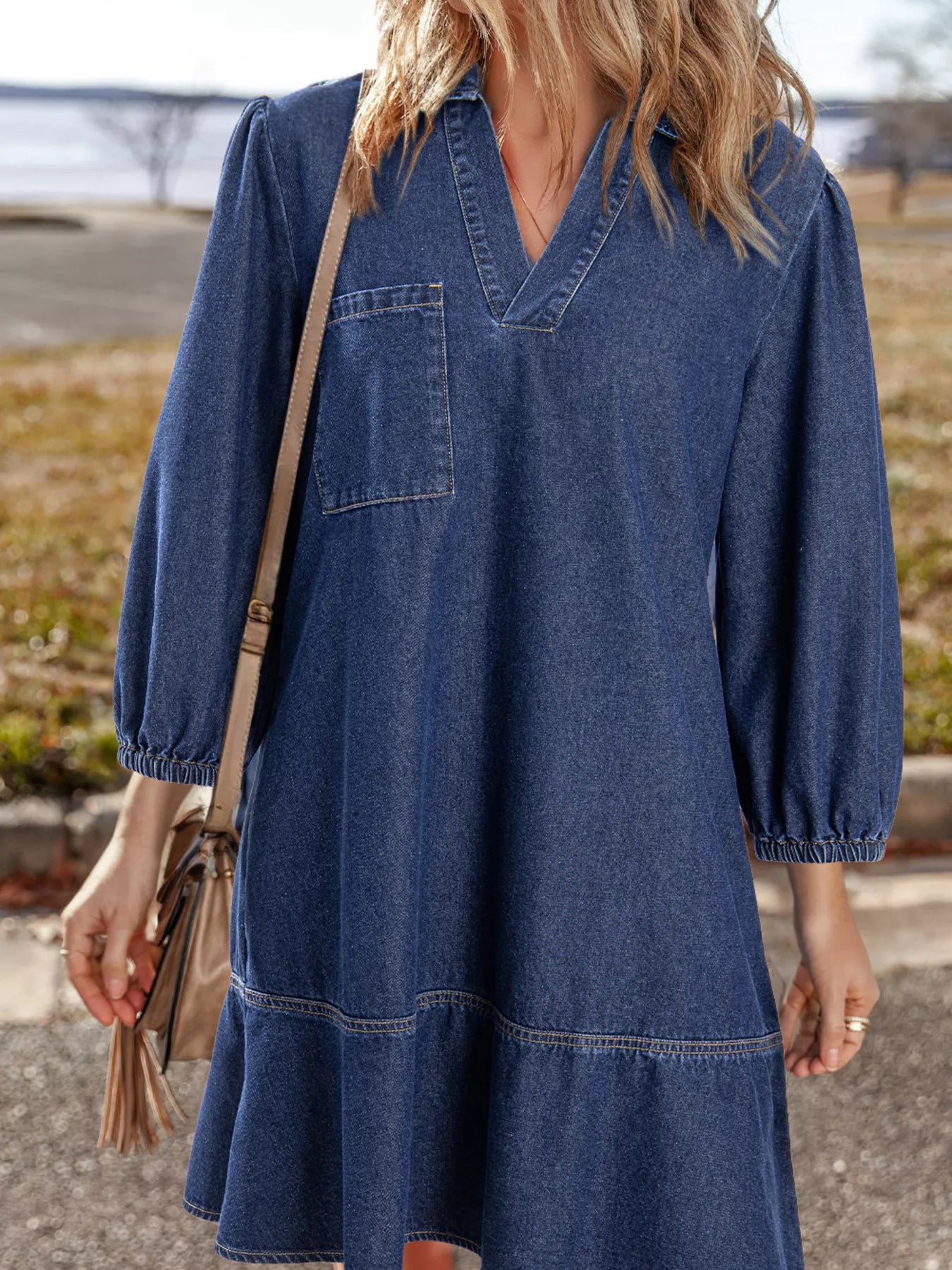 V Neck Collared Single Chest Pocket Long Sleeve Denim Dress - MAD RUFFI