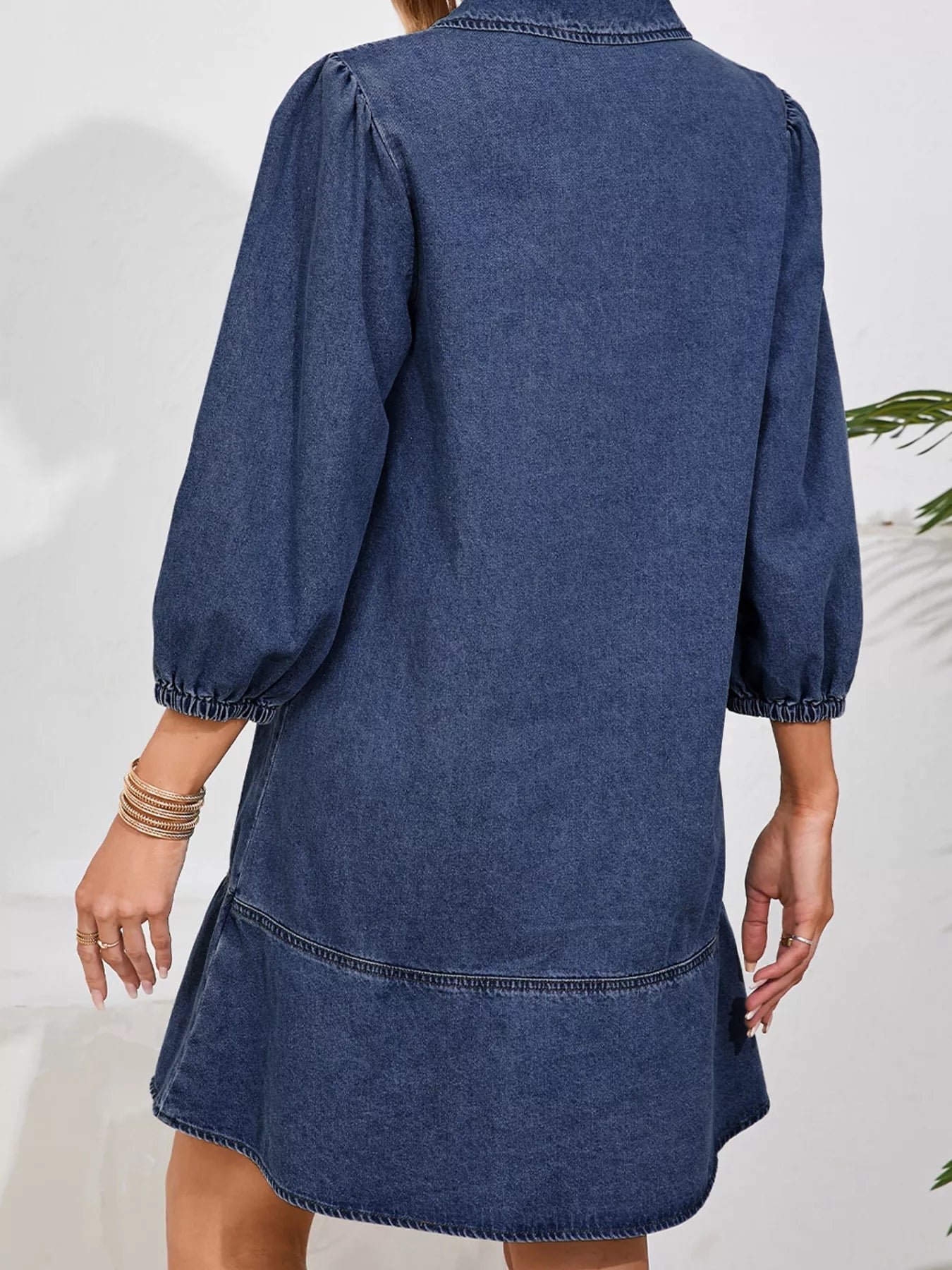 V Neck Collared Single Chest Pocket Long Sleeve Denim Dress - MAD RUFFI