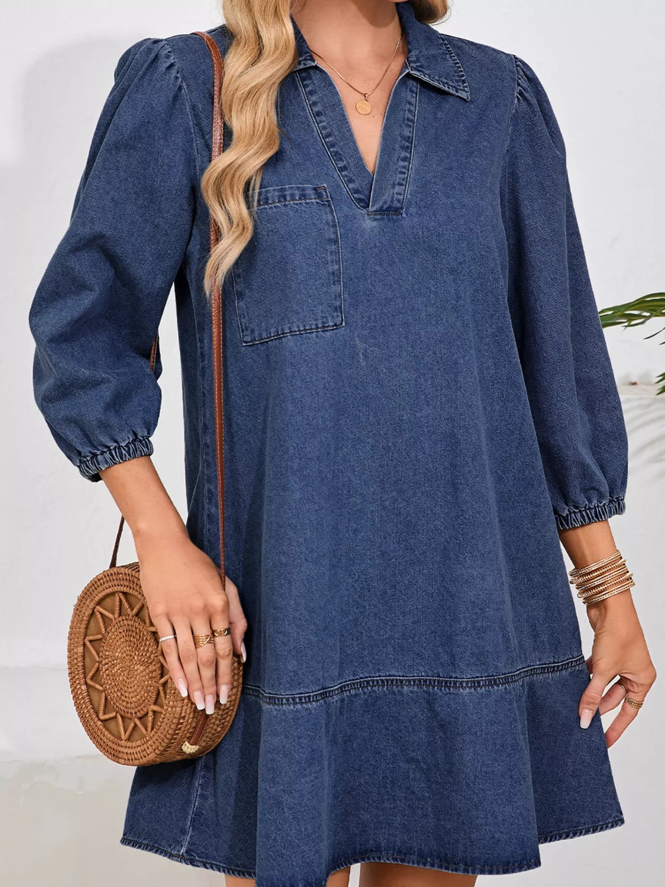 V Neck Collared Single Chest Pocket Long Sleeve Denim Dress - MAD RUFFI