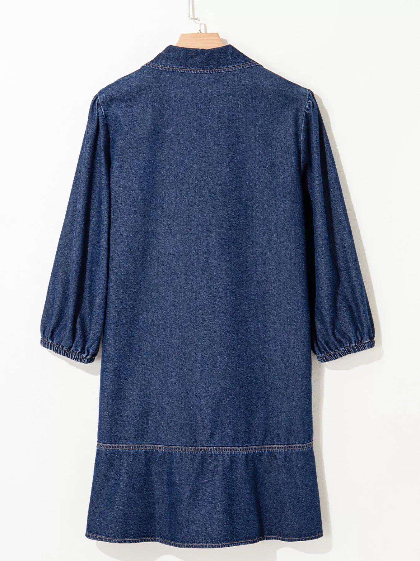 V Neck Collared Single Chest Pocket Long Sleeve Denim Dress - MAD RUFFI