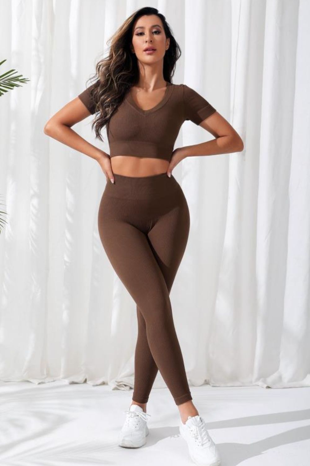 V - Neck Crop Top and High Waistband Long Active Pants - MAD RUFFI