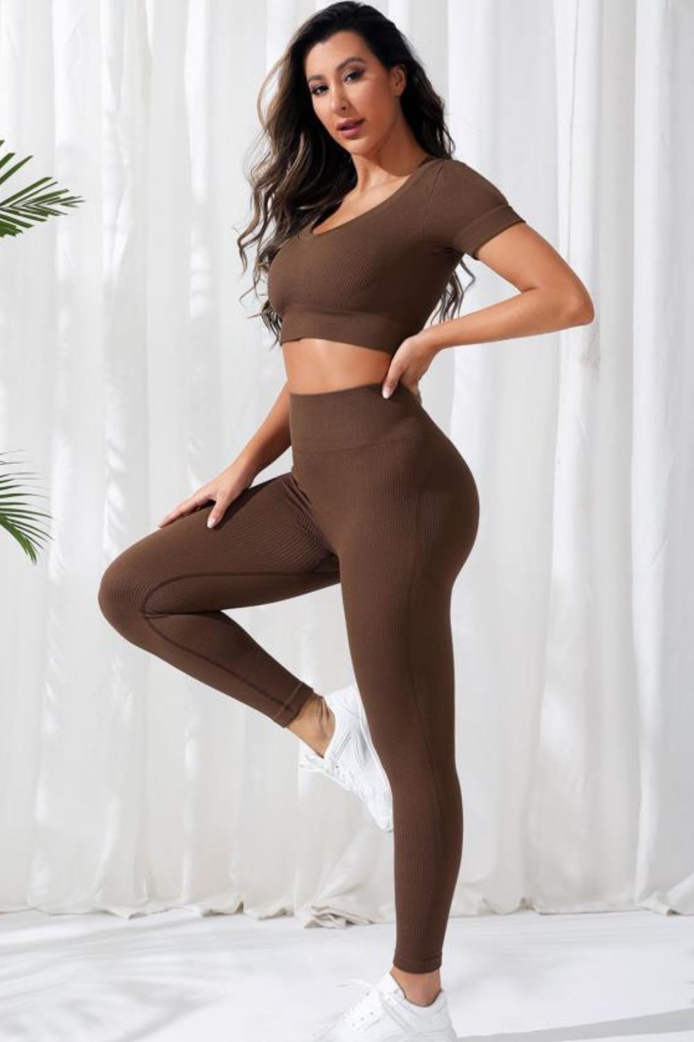 V - Neck Crop Top and High Waistband Long Active Pants - MAD RUFFI
