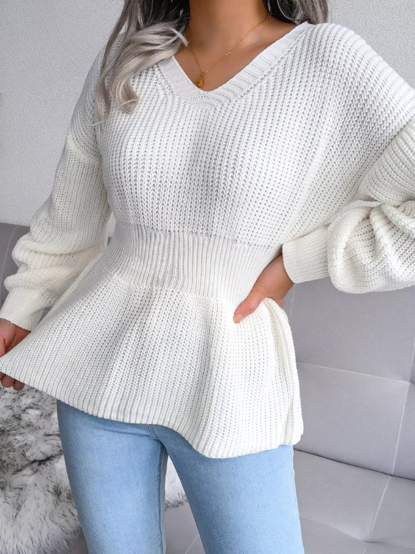 V - Neck Dropped Shoulder Sweater - MAD RUFFI