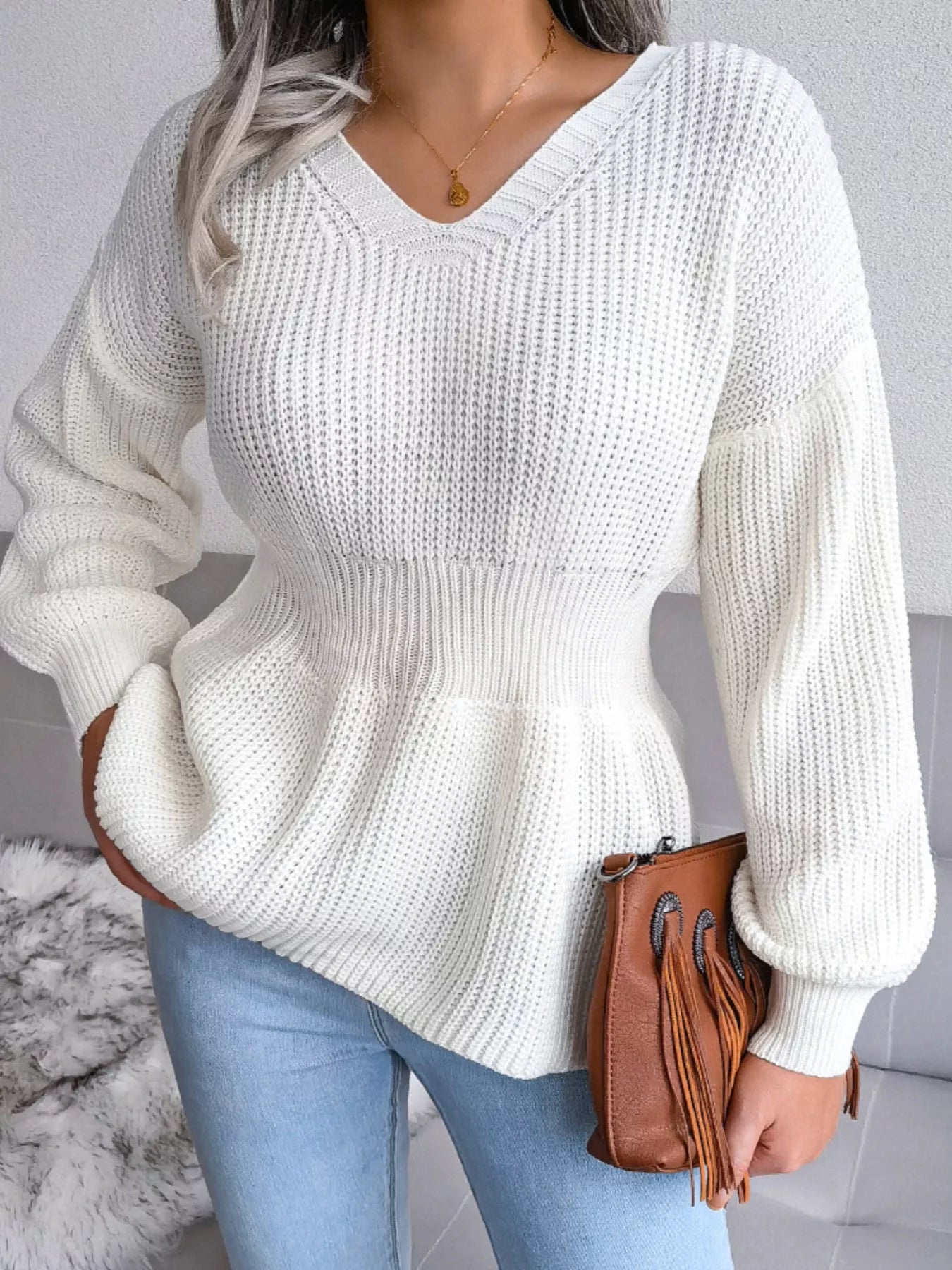 V - Neck Dropped Shoulder Sweater - MAD RUFFI