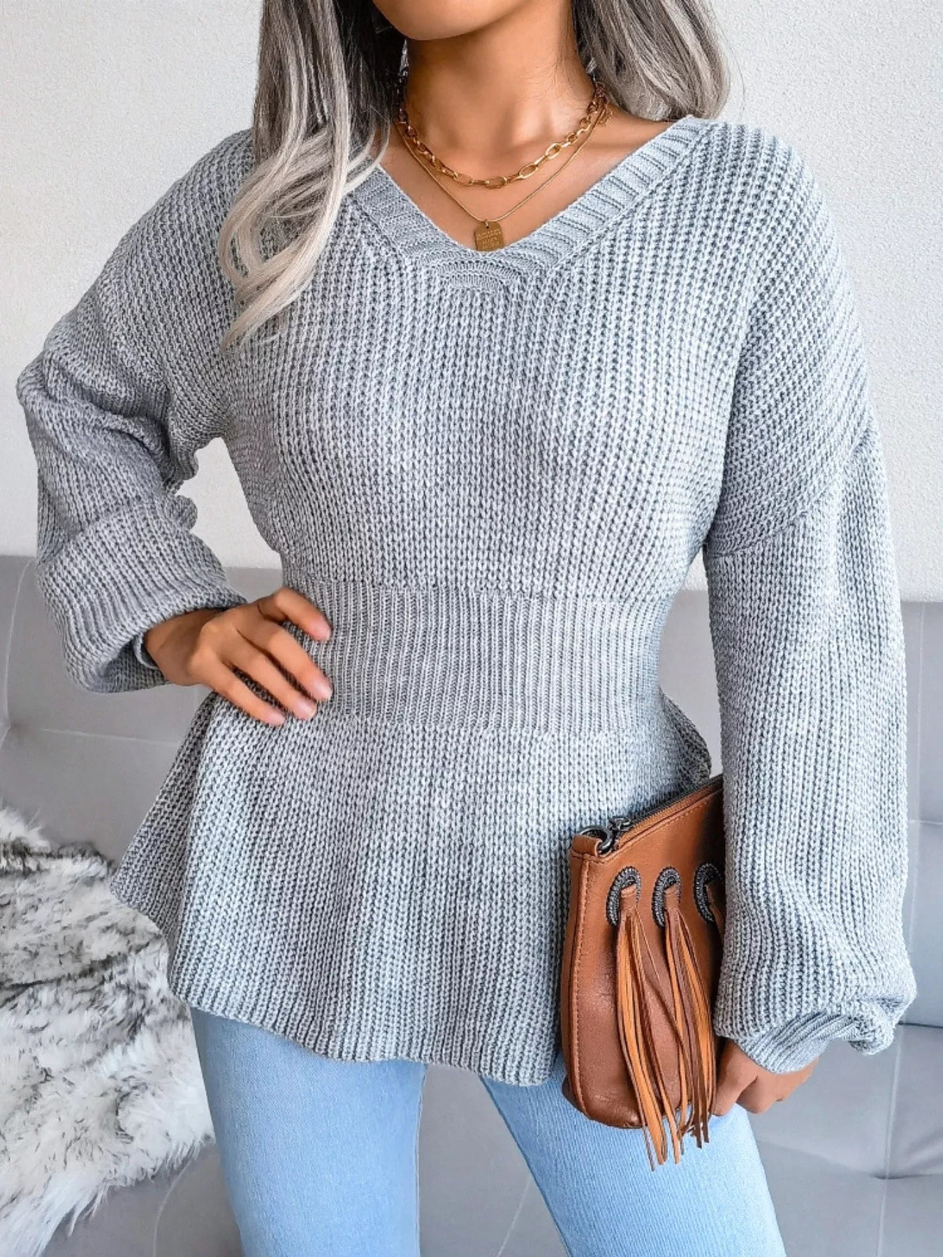 V - Neck Dropped Shoulder Sweater - MAD RUFFI
