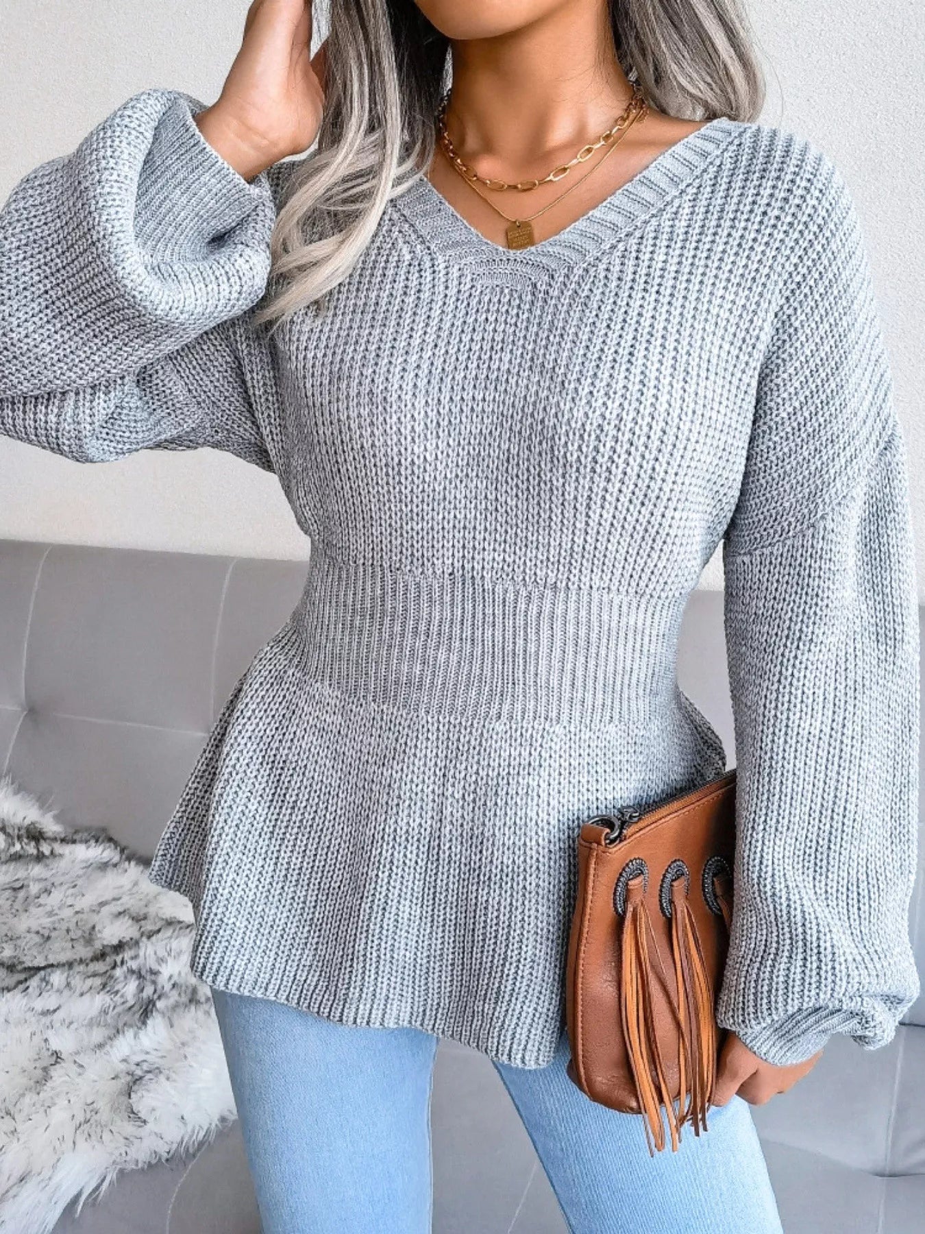 V - Neck Dropped Shoulder Sweater - MAD RUFFI