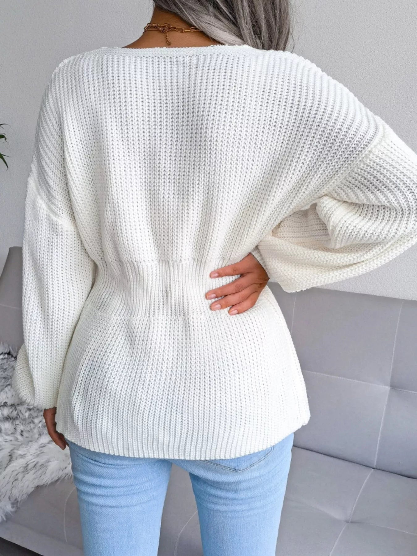 V - Neck Dropped Shoulder Sweater - MAD RUFFI