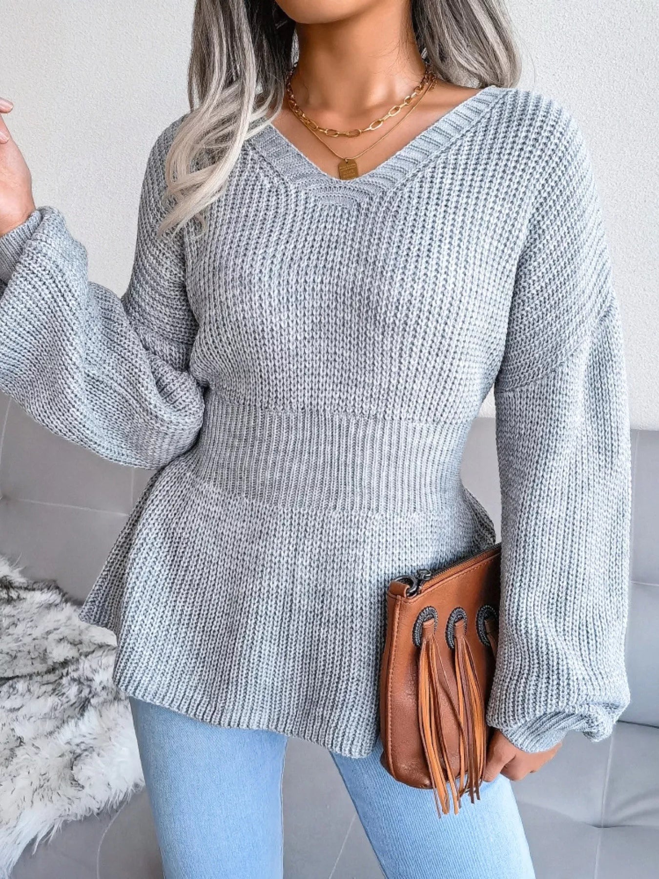 V - Neck Dropped Shoulder Sweater - MAD RUFFI