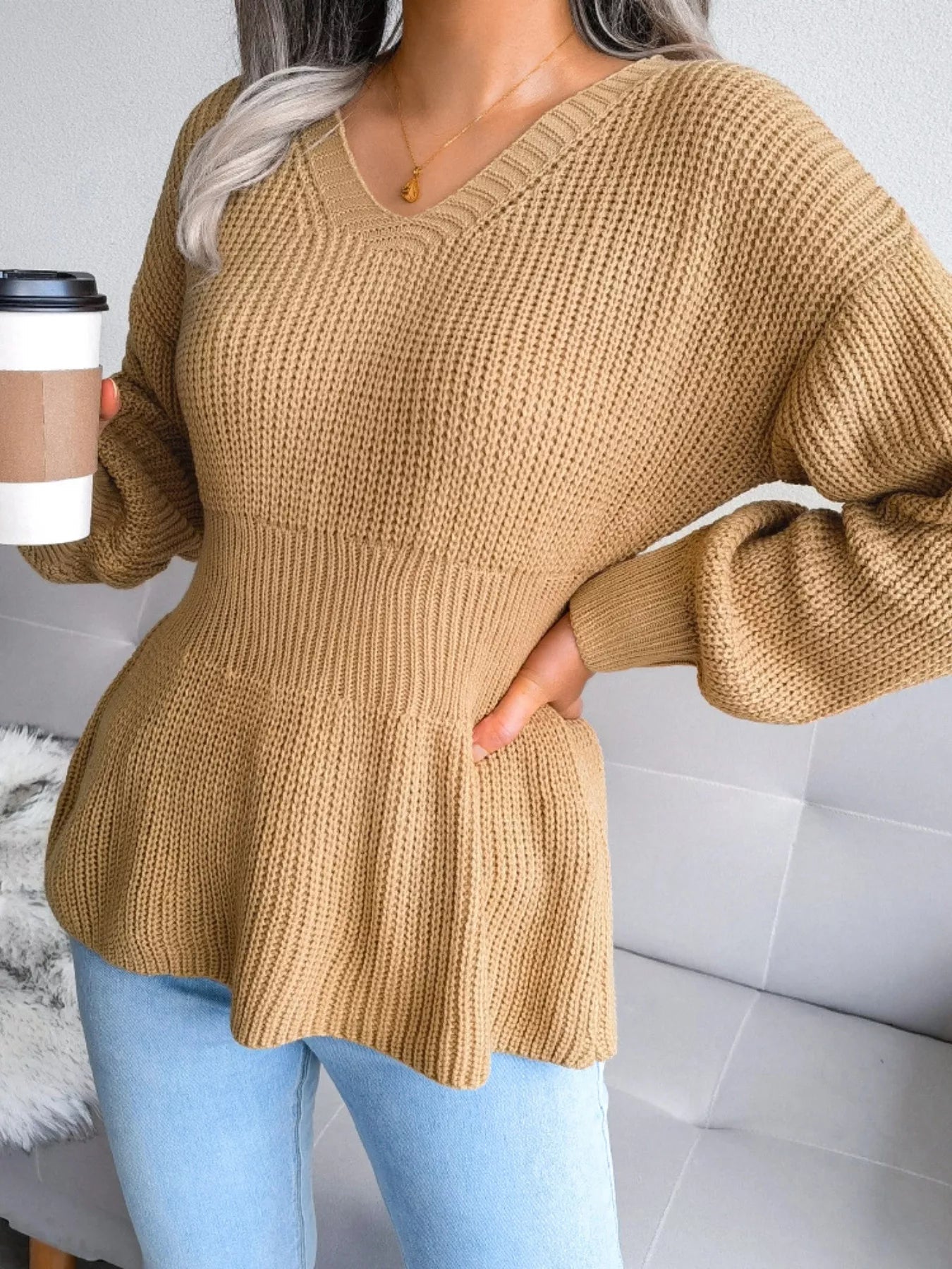 V - Neck Dropped Shoulder Sweater - MAD RUFFI