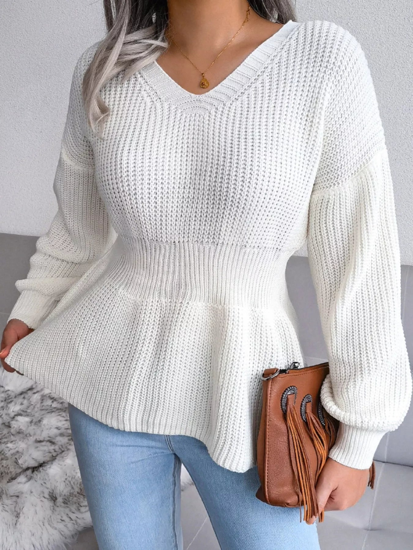 V - Neck Dropped Shoulder Sweater - MAD RUFFI