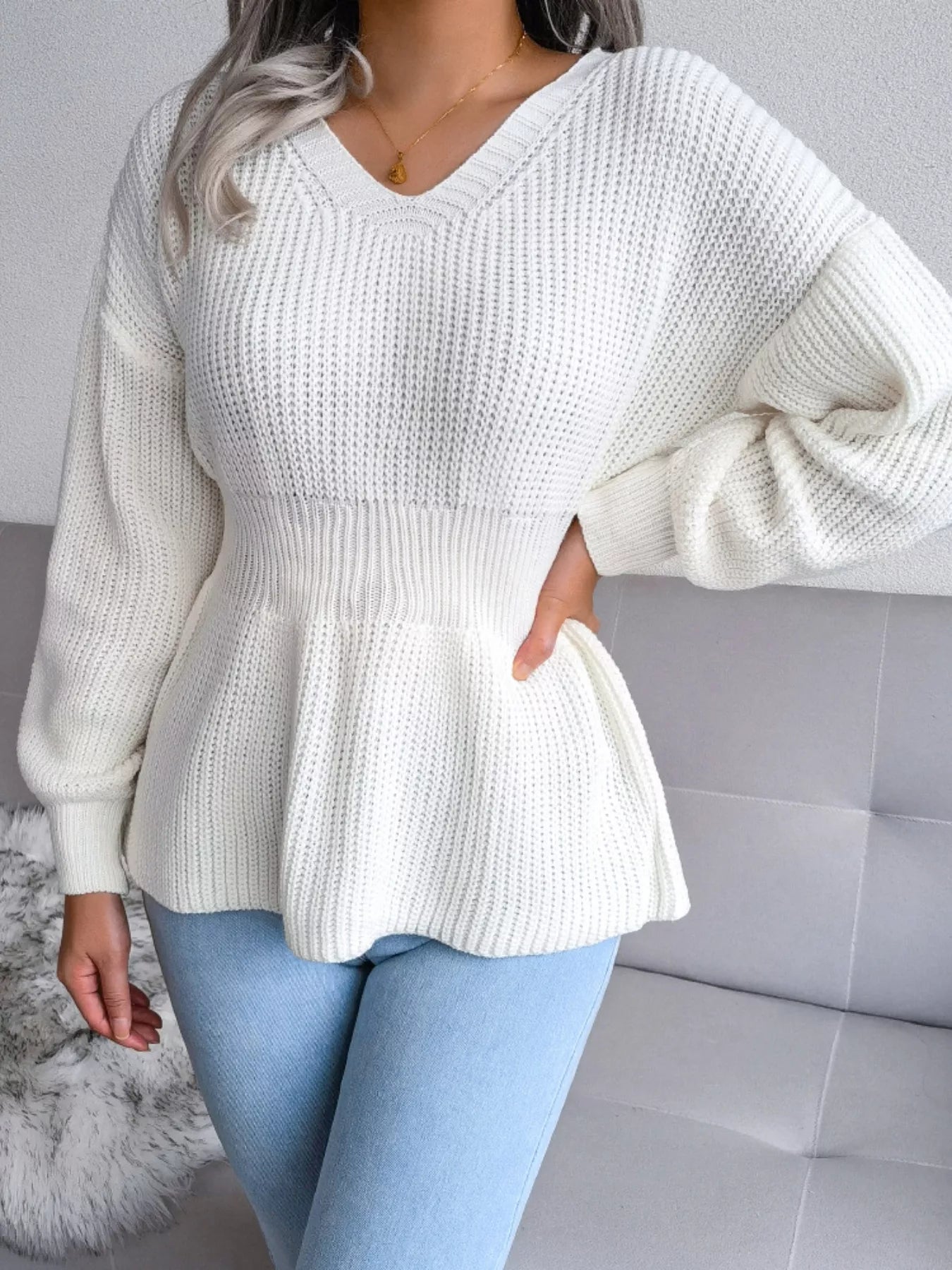 V - Neck Dropped Shoulder Sweater - MAD RUFFI