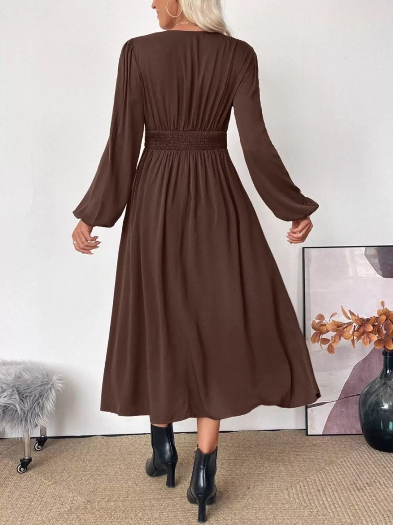 V - Neck Long Sleeve A - Line Midi Dress - MAD RUFFI