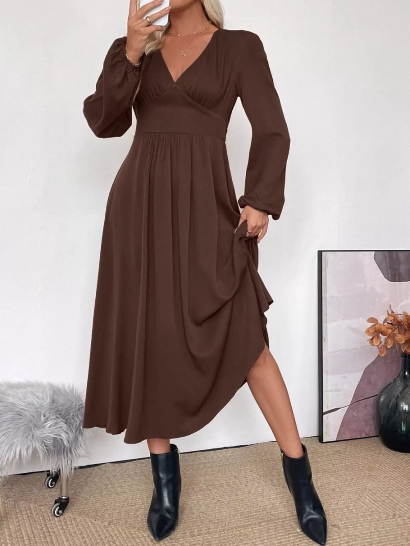 V - Neck Long Sleeve A - Line Midi Dress - MAD RUFFI