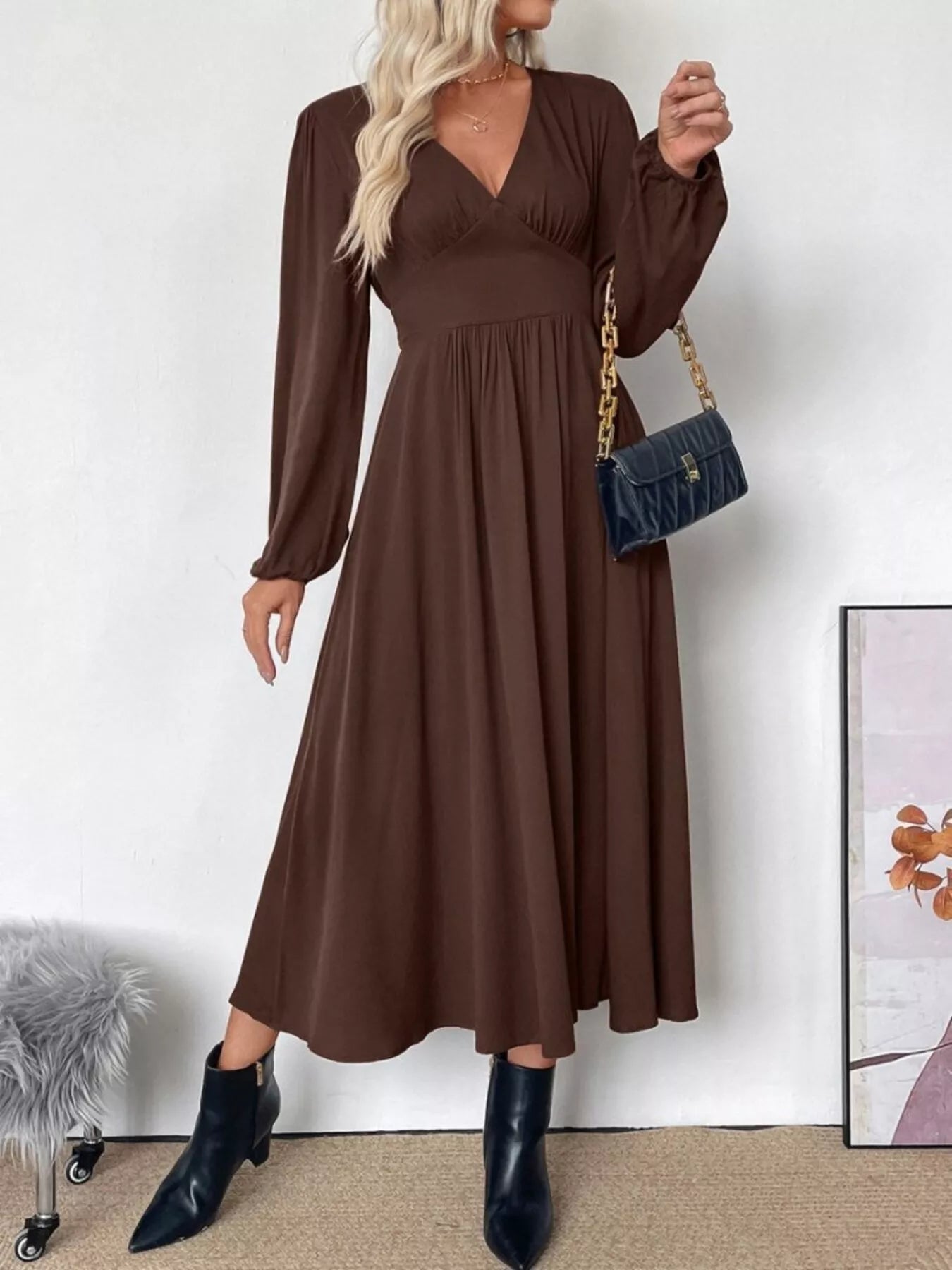 V - Neck Long Sleeve A - Line Midi Dress - MAD RUFFI